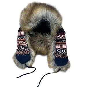 Trapper Hat Knit with Faux fur Lining and Trim Womens One Size Winter Warm